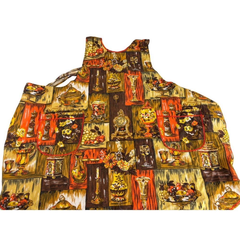 Vintage 1960s Print Kitchen Apron Decor Gold Brown Orange Mid Century - Picture 2 of 3